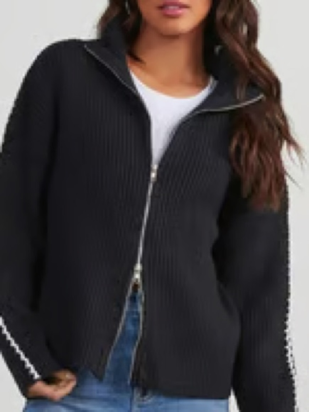Le Lis Black Ribbed Zip-Front Women’s Sweater